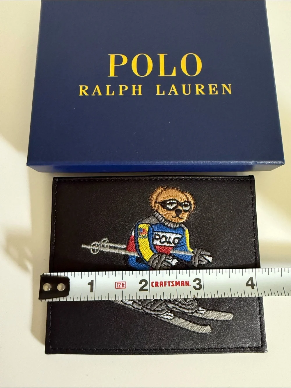 Polo Ralph Lauren Ski Bear Embroidered Leather Card Holder Black NWT Gift Box